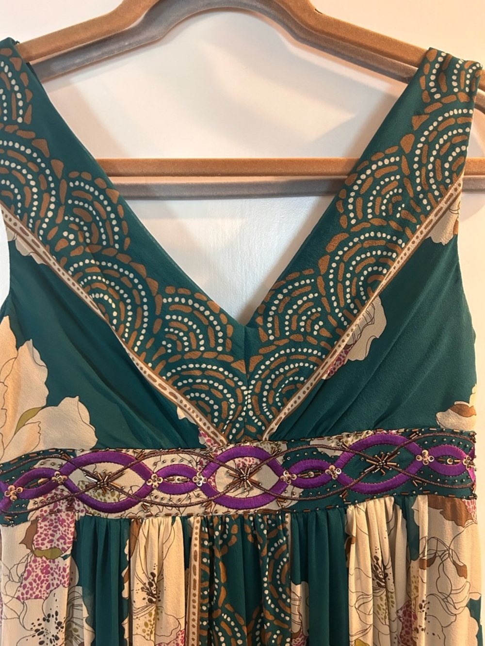 Adrianna Papell Teal Floral V-Neck Silk Cocktail Dress w/beading, embroidery - Picture 9 of 13